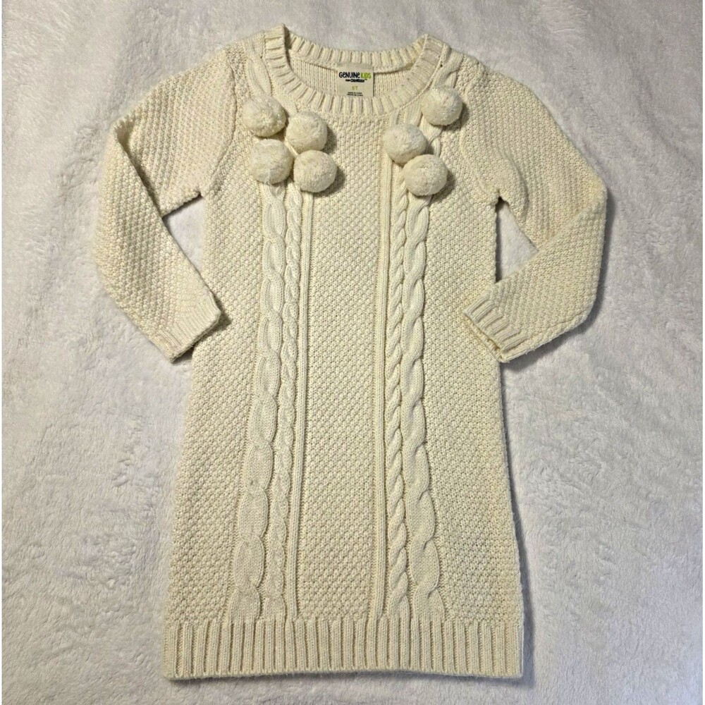Genuine Kids OshKosh Girls 5T Ivory Cable Knit Sweater Dress Pom-Pom Holiday